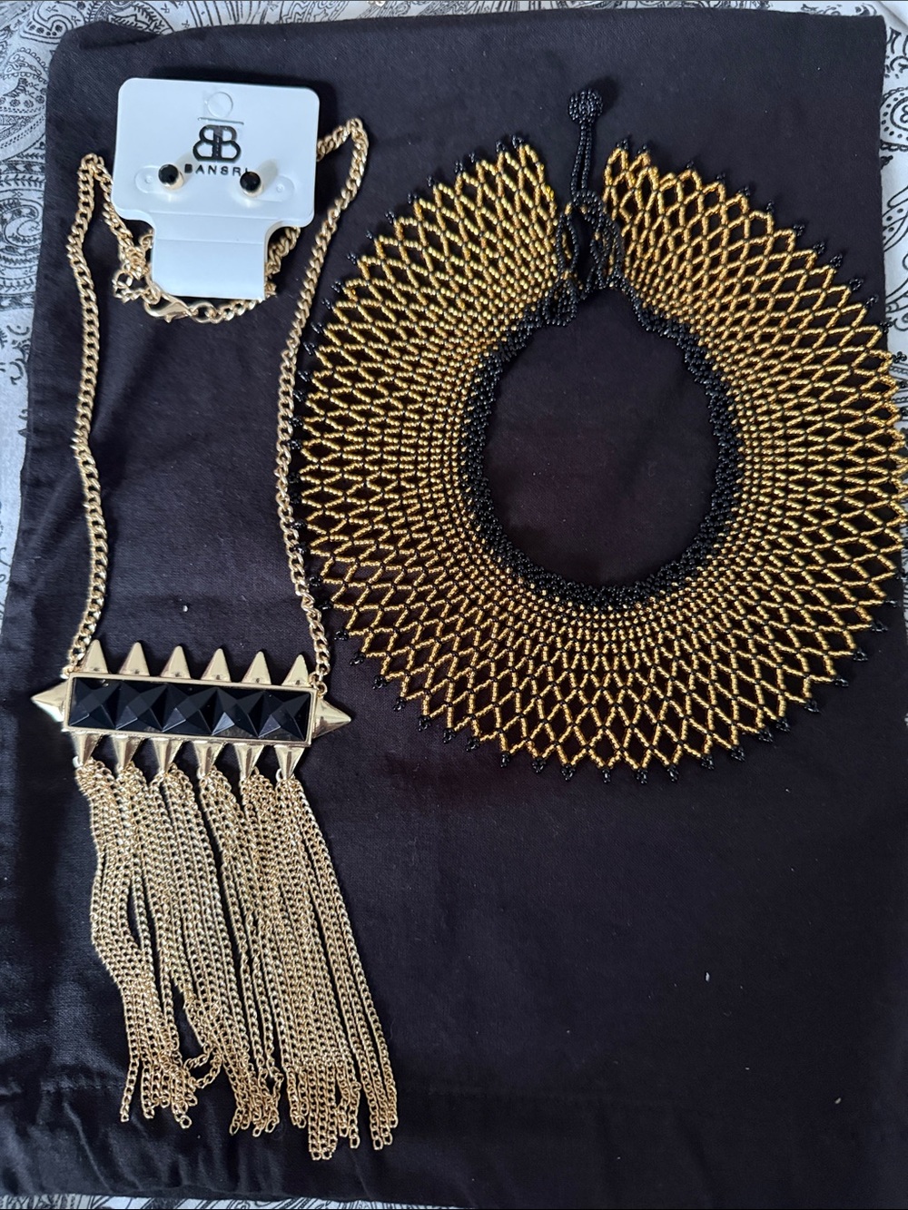 Set of Two Necklaces: Gold and Black Beaded Collar Necklace and long necklace